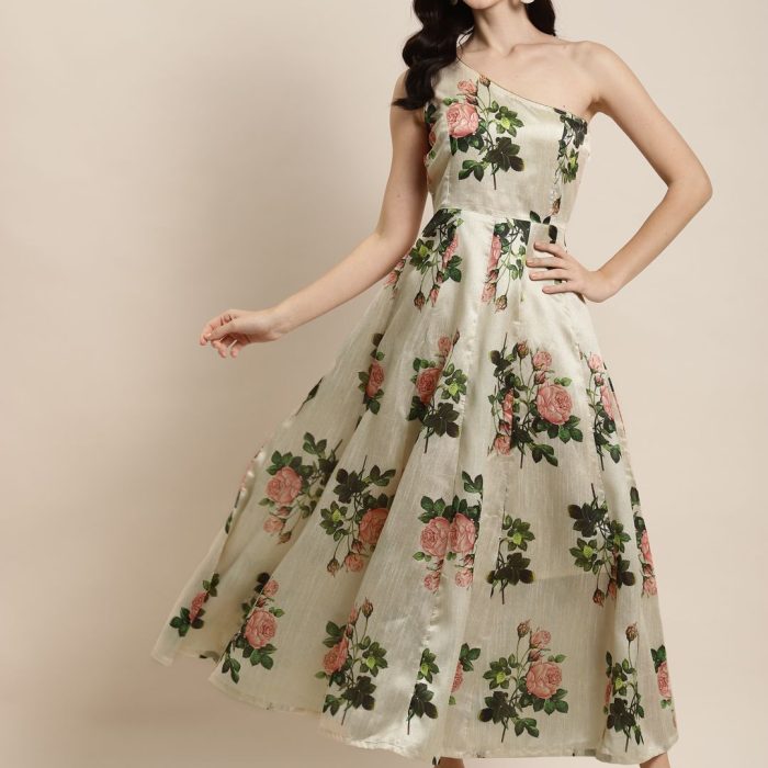 Beige & Peach-Coloured Floral One Shoulder Layered Maxi Dress