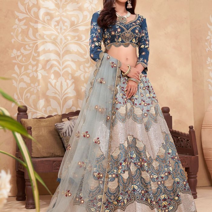Shaded Blue Silk Lehnega Choli With Duptta